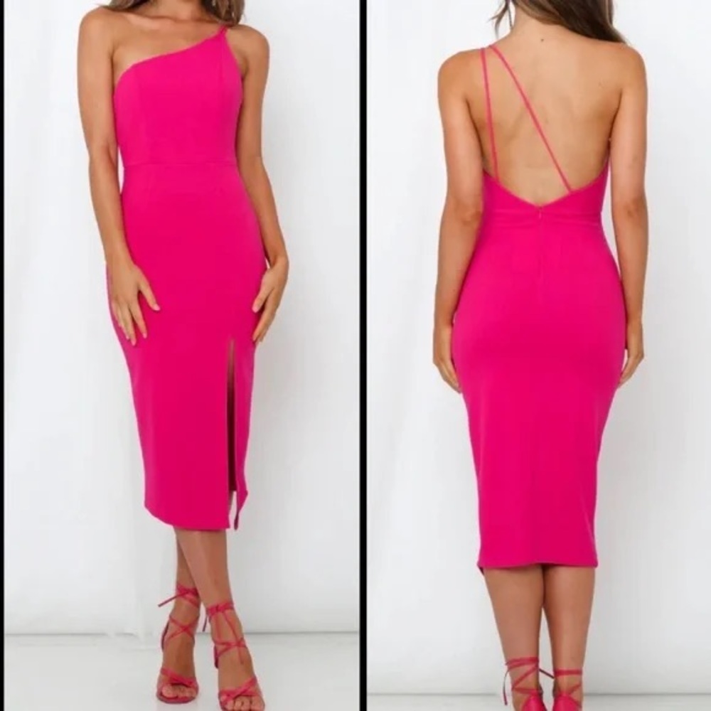 Hello Molly One-Shoulder Fuchsia Midi Dress
